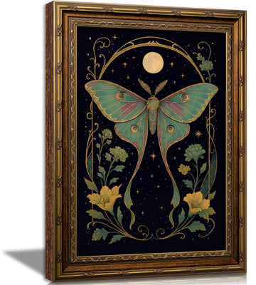 Vintage Gold Framed Dark Academy Luna Moth Wall Art, Celestial Moon Butterfly Flower Canvas Print Poster, Mystical