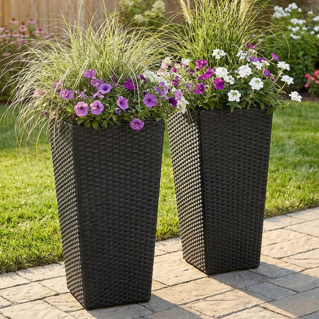 24" Square Tall Wicker Outdoor Planter, Black, 2pk