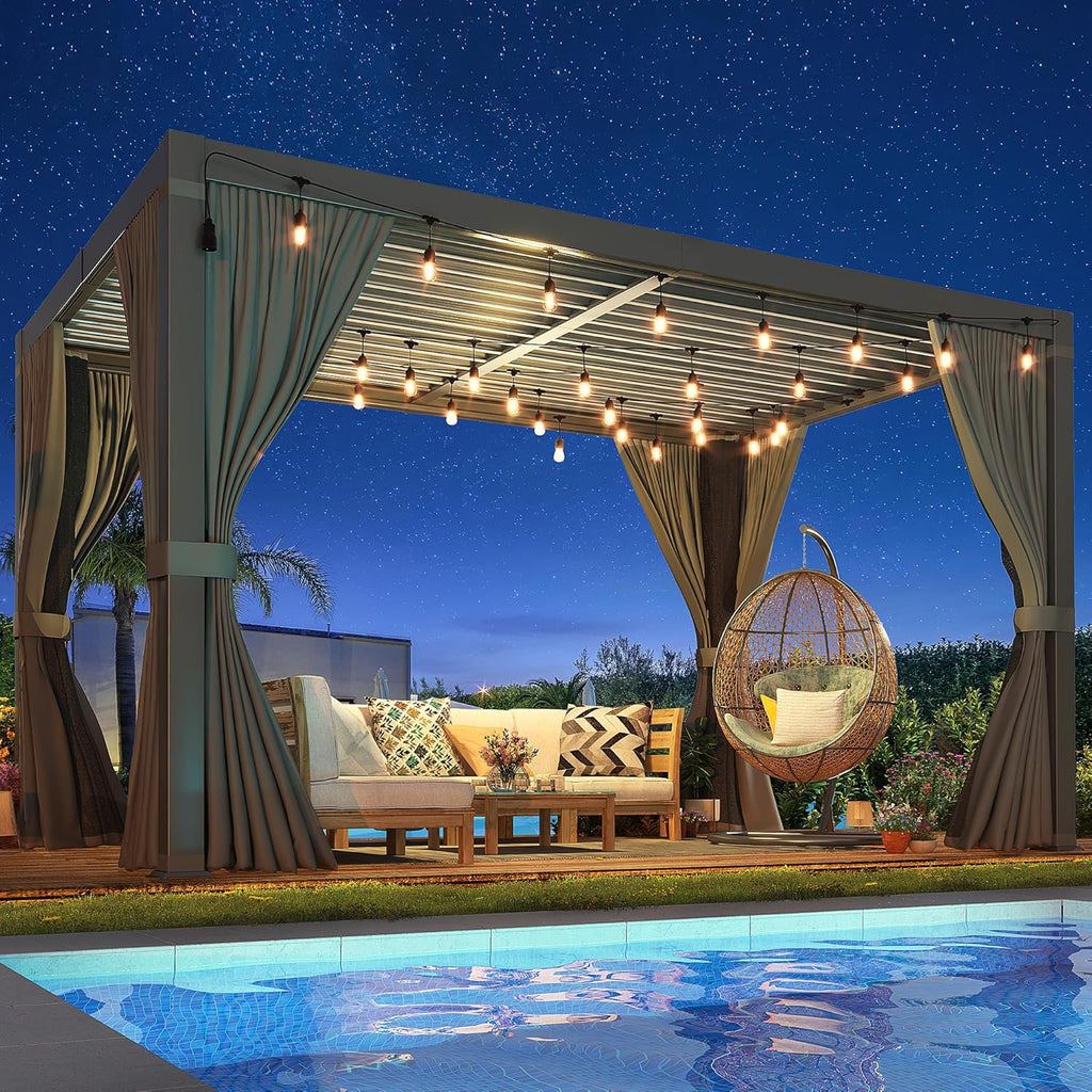 10x12 FT Louvered Pergola, Aluminum Outdoor Pergolas with Adjustable Roof, Hardtop Gazebo with Waterproof Curtains & Netting for Deck, Patio, and Backyard