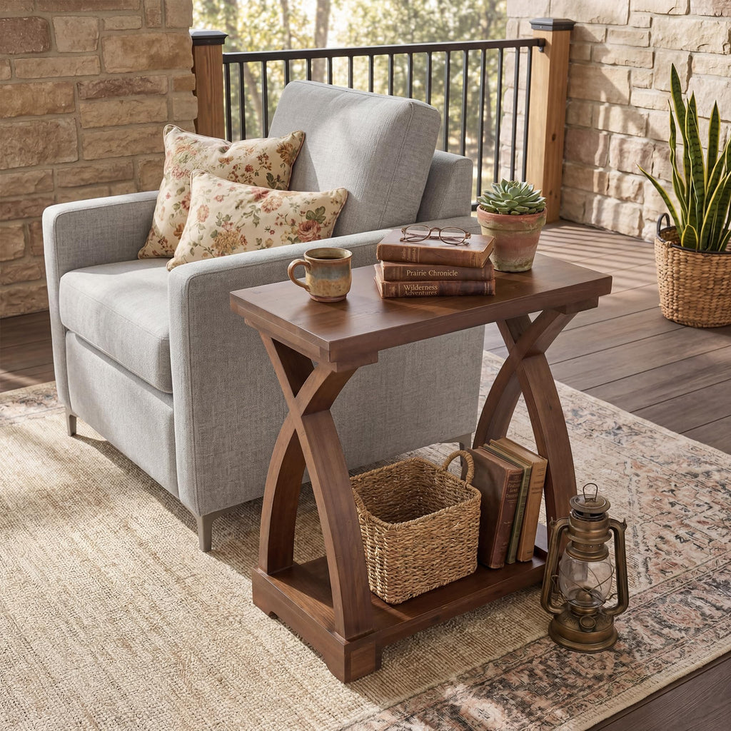 Solid Wood End Table, 2-Tier Small Side Table with Storage Shelf