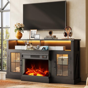 3-Sided Glass Electric Fireplace TV Stand for 65 Inch TV, Entertainment Center with 14 Flame Colors & Adjustable LED
