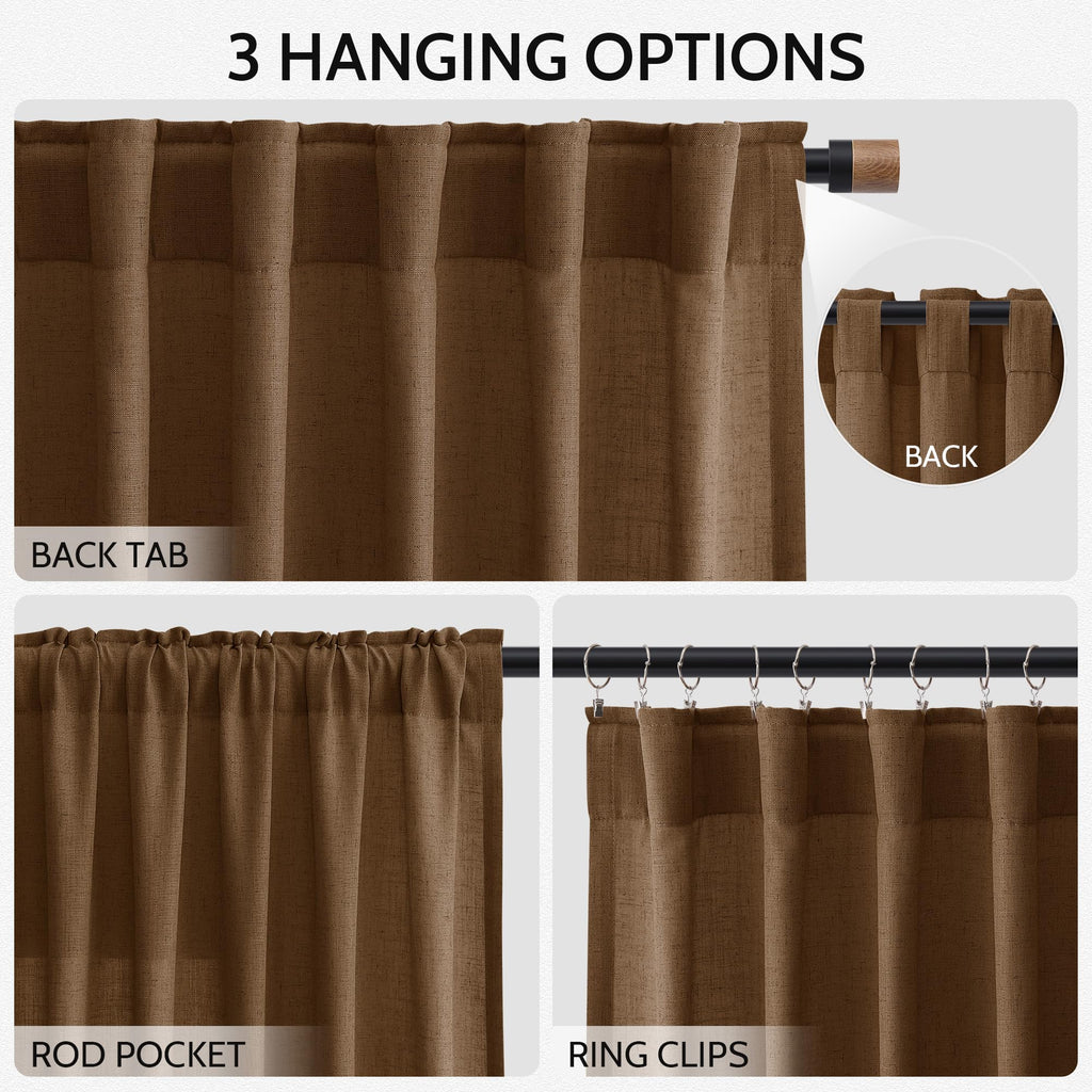 Tobacco Brown Linen Curtains 90 Inch Long Living Room Linen Textured Window Drapes Semi Sheer Light Filtering Rod