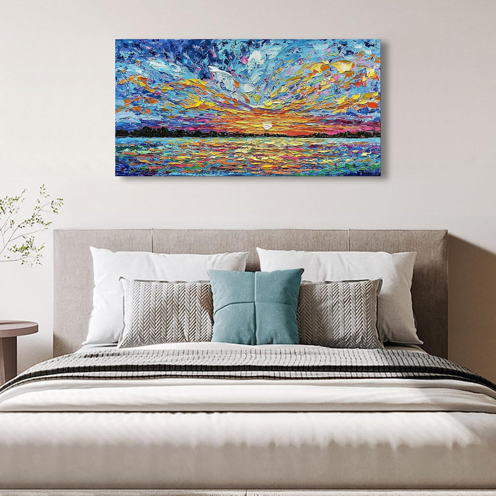 Art Hand-painted Sea Sunrise landscape Modern Abstract Oil painting Large Canvas Art Hall Bedroom Office Wall