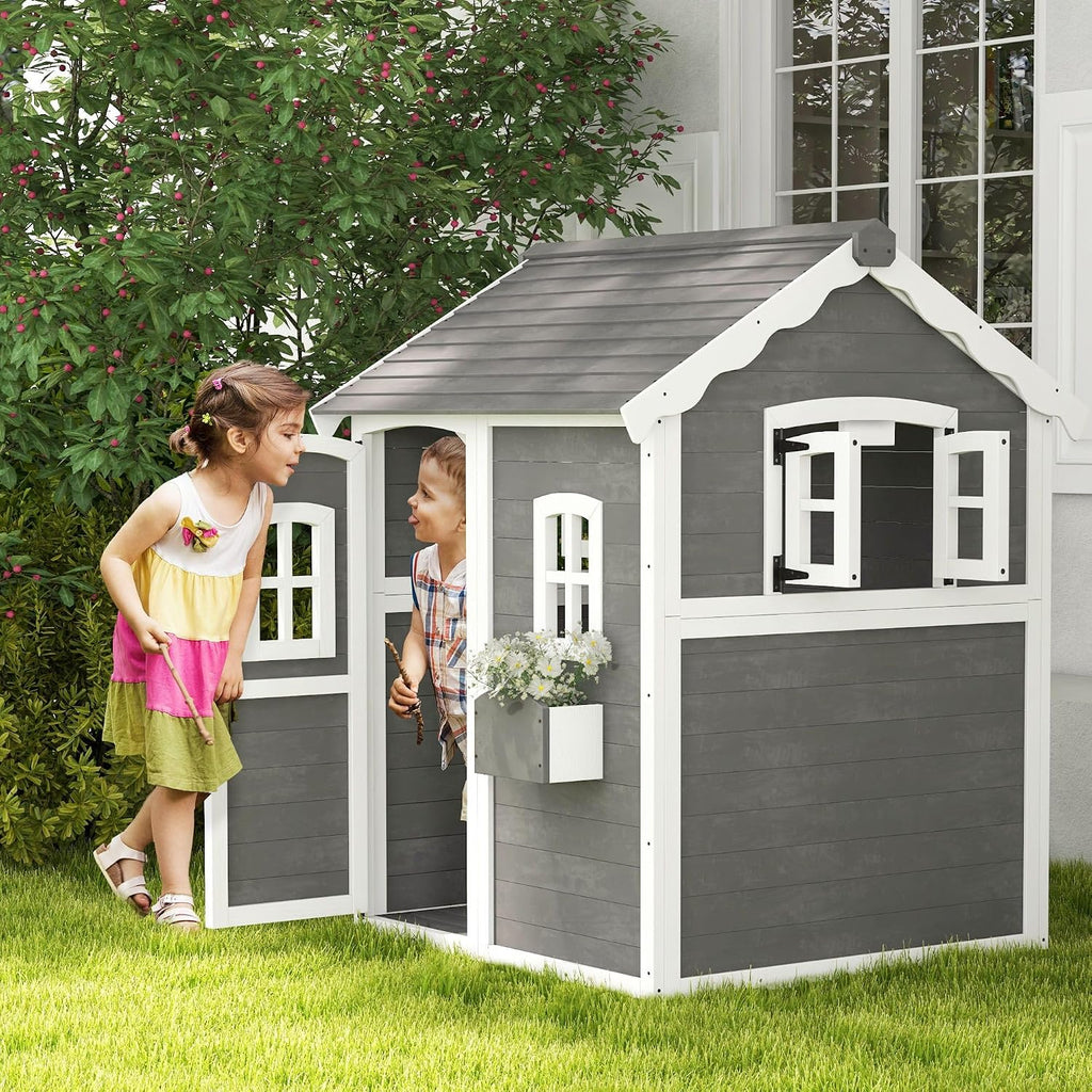 48x48x70in Kids' Outdoor Wooden Playhouse Includes Two Doors Two Windows Safety Floor and PlanterBox for Ages 3 to 8
