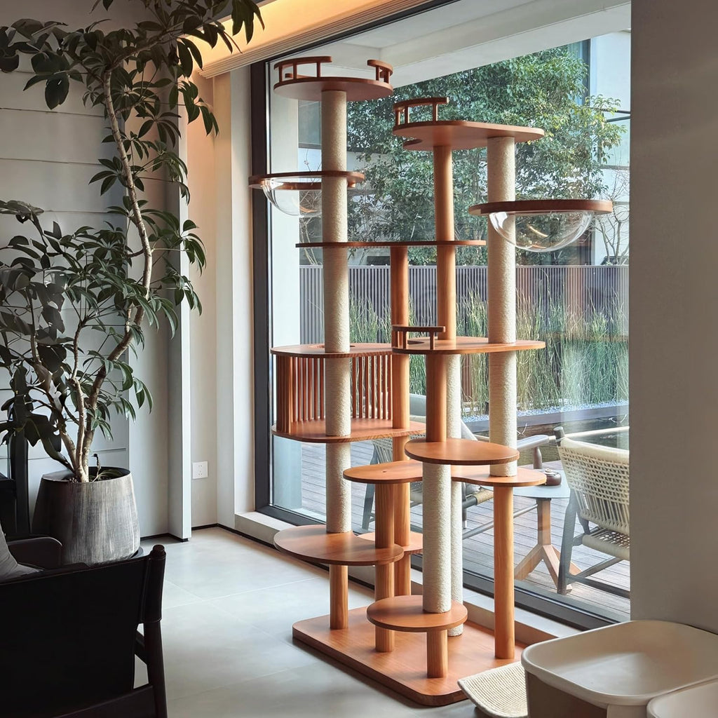 Cat Tree 84.6" Tall Solid Wood Multi-Level Cat Tower with Condo, Cat Scratching Post, Jumping Space, Furniture Suitable
