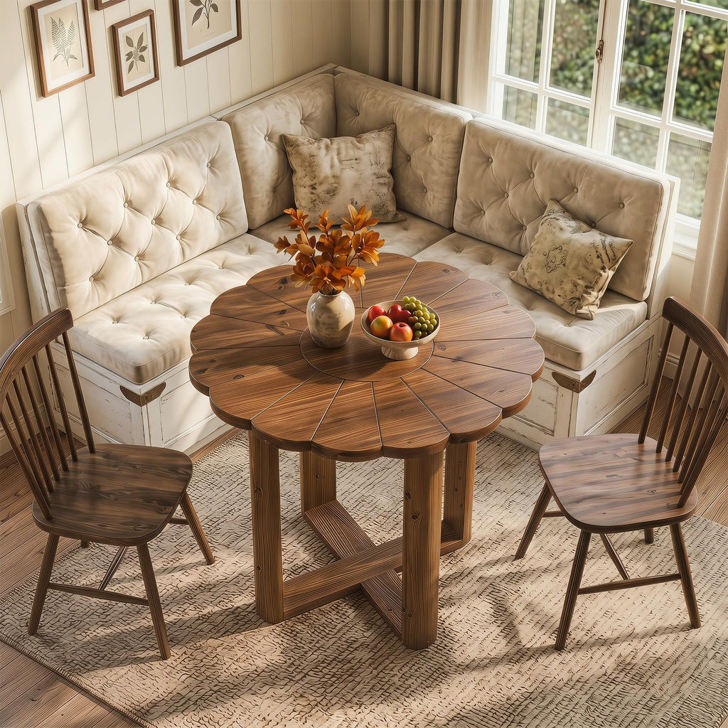 31.5-Inch Solid Wood Round Dining Table for 2-4, Small Farmhouse Kitchen Table with Carved Petal Pattern, Wooden