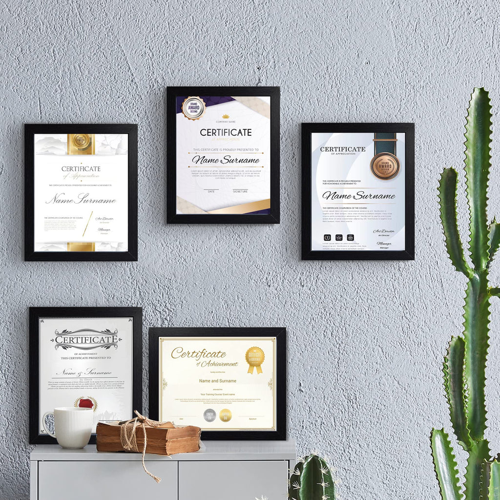 8.5x11 Certificate Document Picture Frame Set of 6, Black Diploma Frames for Wall or Tabletop