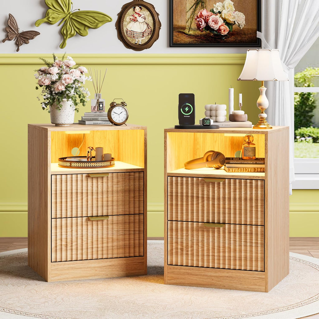 Night Stand Set 2, LED Nightstand with Charging Station, Fluted Nightstands Set of 2 with 2 Drawers, Wood Side Table