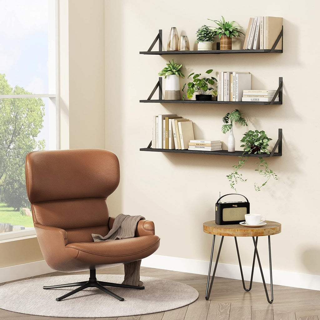 Floating Shelves 36 Inches Long 8 in Deep Set of 3, Large Wall Shelf Books, Heavy Duty Wide Wall Shelving Office