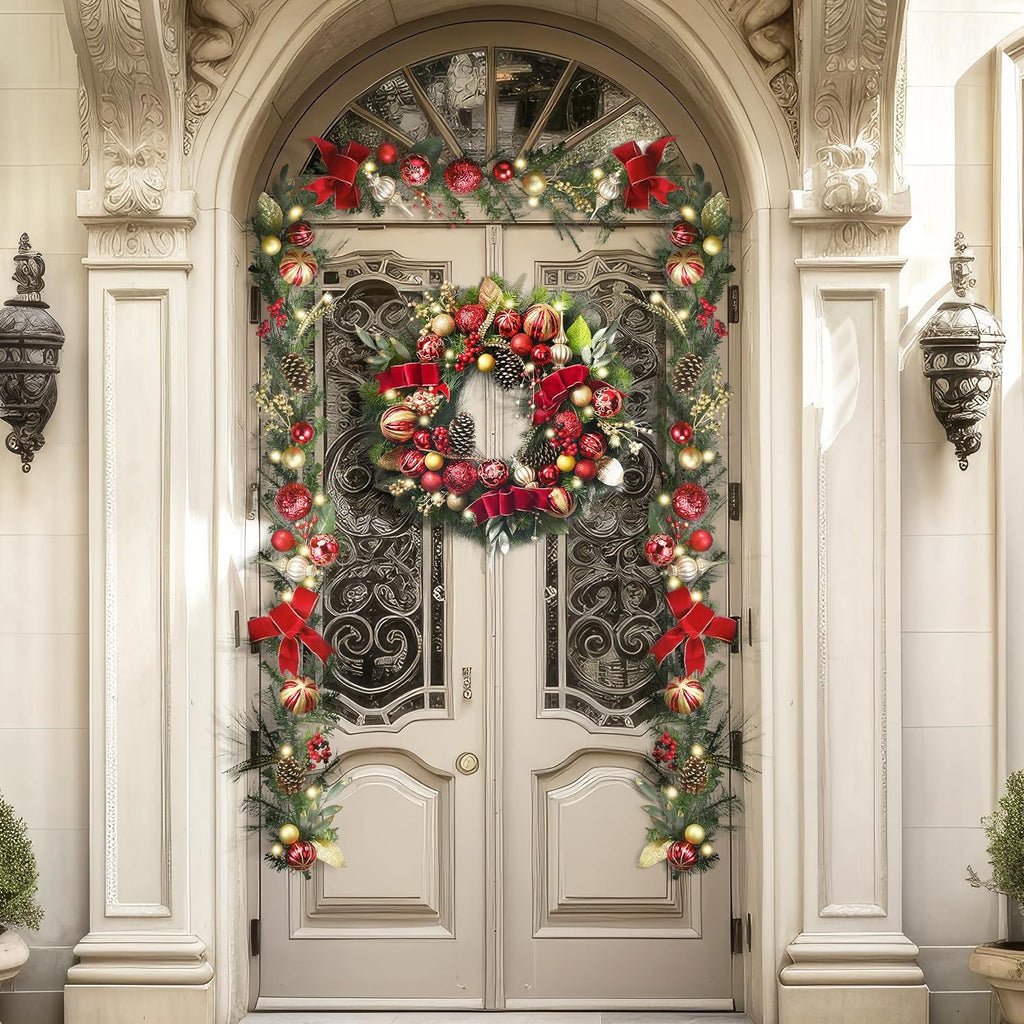 30'' Pre-Lit Christmas Wreath for Front Door with Light, Large Lighted Outdoor Christmas Wreath with Red Gold Xmas