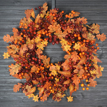 24 Inch Fall Wreath for Front Door, Berry Maple Leaf Autumn Wreaths Decor
