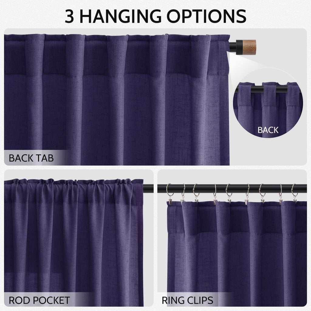 Purple Linen Curtains 84 Inches Long, Back Tab Light Filtering Semi Sheer Privacy Drapes Simple Style, 52x84 inch, 2