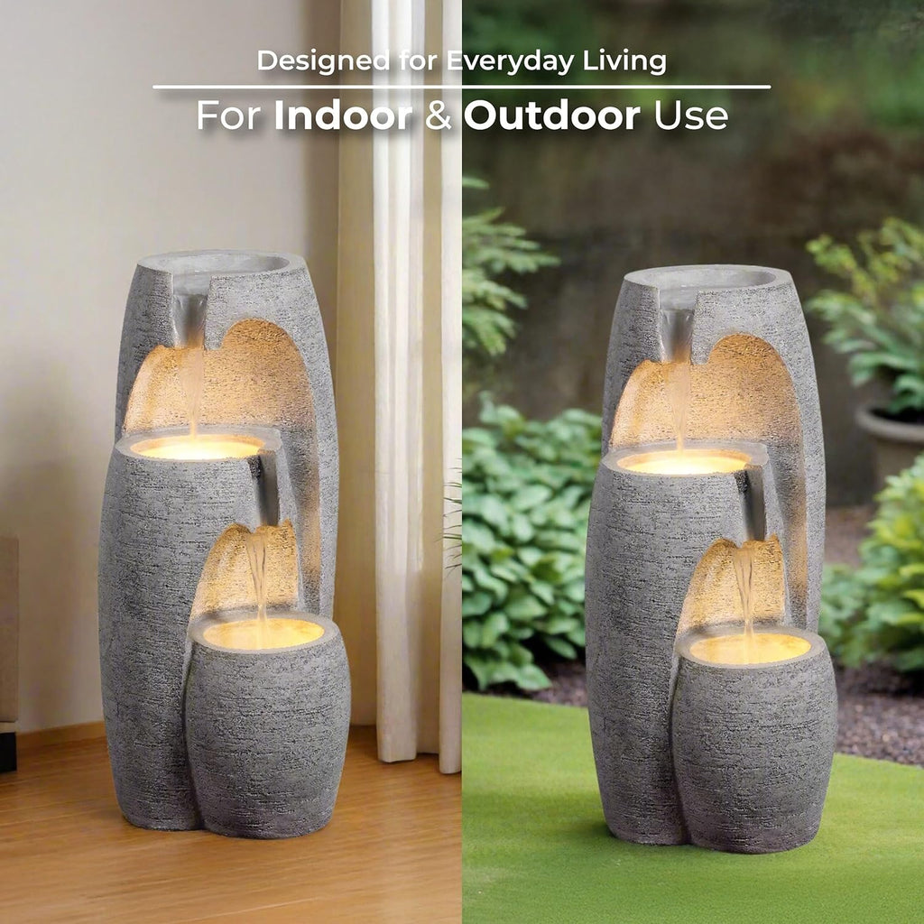3-Tier Cascading Urn Outdoor Water Fountain - Warm Glow Lighting with Adjustable Flow & Electric Pump, Gray