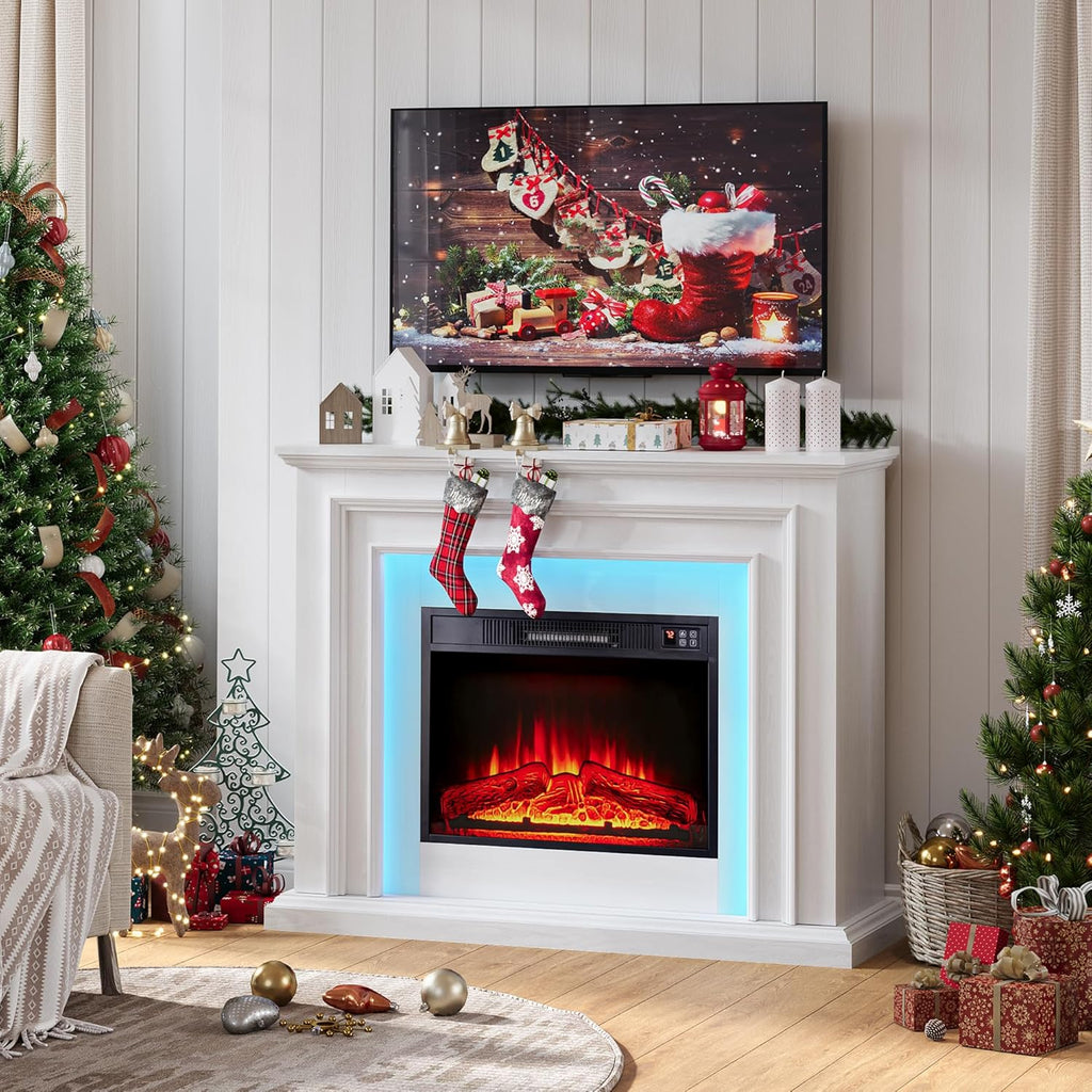 44" LED Lights Electric Fireplace with Mantel, Freestanding Entertainment Center Tv Stand with Fire Place Insert for