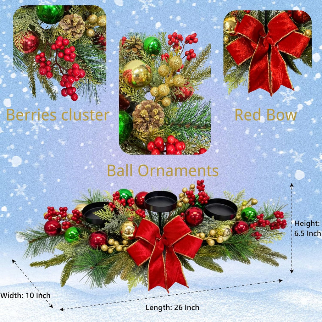 26 Inch Christmas 3 Candle Centerpiece with Red Bow and Ornaments