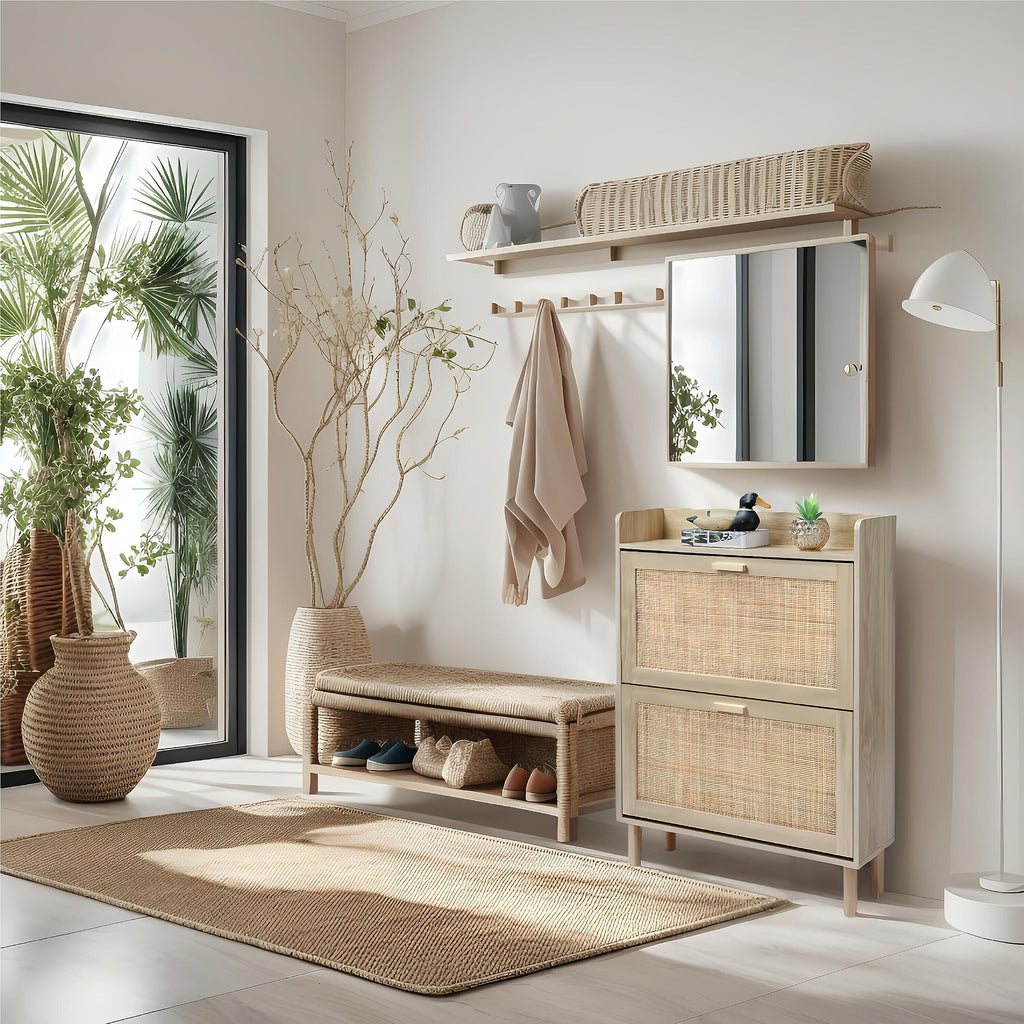 Extended Edition Shoe Cabinet with Natural Rattan Flip Drawers, Free Standing 2 Tier Slim Shoe Organizer with Large