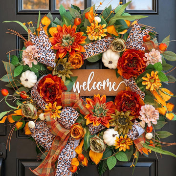 24 Inch Fall Wreaths for Front Door, Autumn Wreath with Welcome Sign