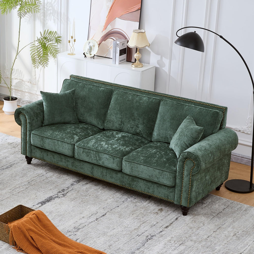 86.5" Chesterfield Sofa with Rolled Arms and Nailhead Trim, Mid-Century Modern Chenille Upholstered 3-Seater Couch
