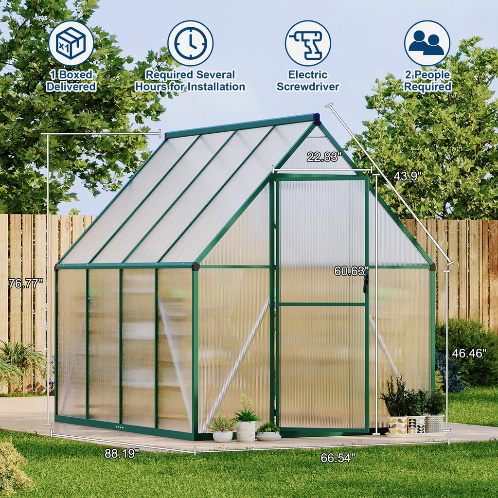 6x7 FT Outdoor Greenhouse, Polycarbonate Greenhouse with Roof Vent and Ground Nails, Aluminum Large Walk-in Green
