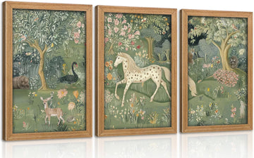 Framed Vintage Woodland Animal Nursery Wall Art Magic Horse Bear Deer Poster Green Fantasy Forest Botanical Pictures