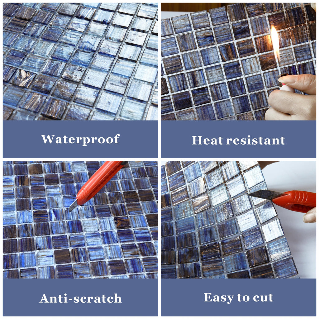 Glass Mosaic Tile Backsplash, 12" x 12" Dark Blue Square Glass Tile