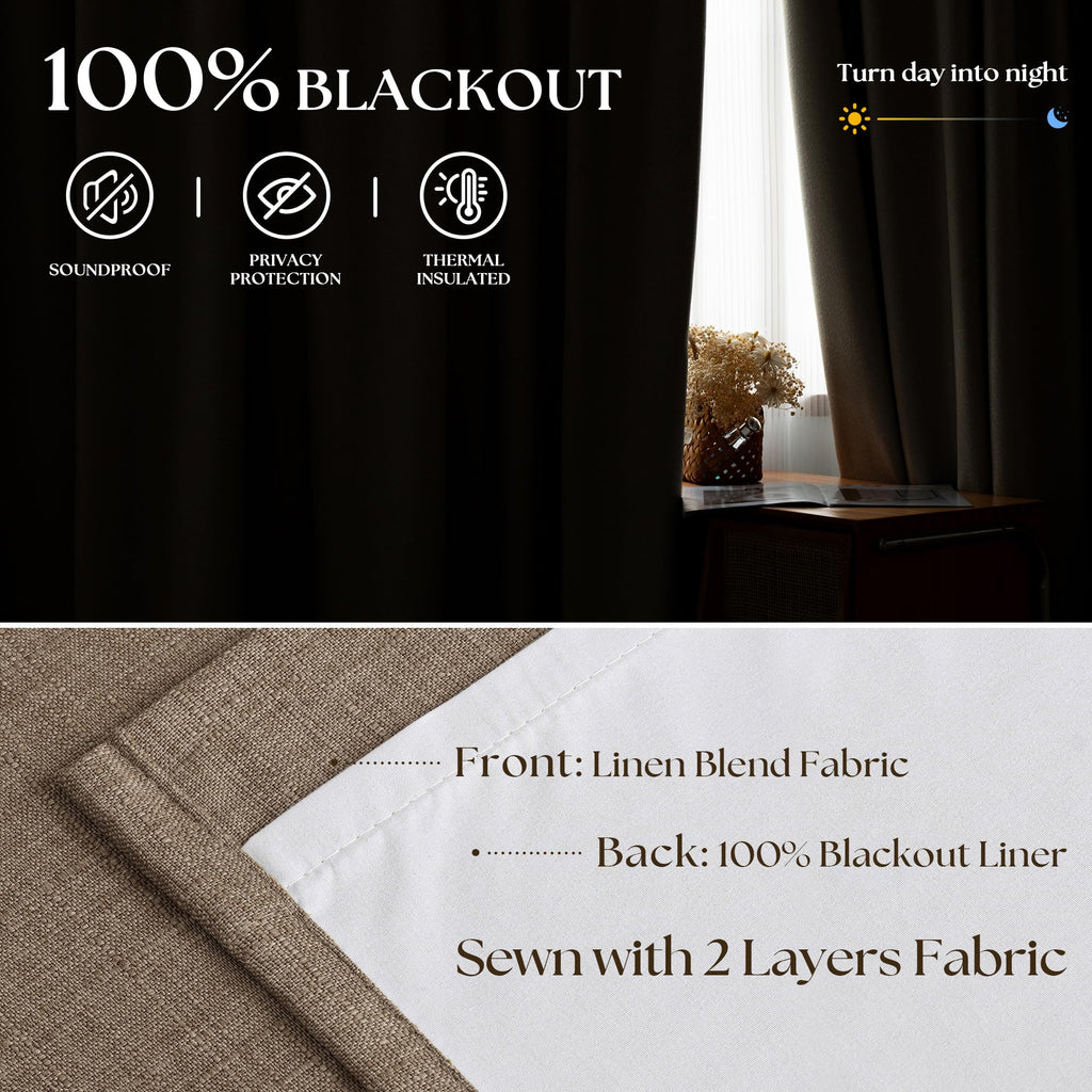 96 Inch Blackout Pinch Pleated Curtains 2 Panel Set Darkening Thick Linen Textured 100% Black Out Drapes 96 Inches