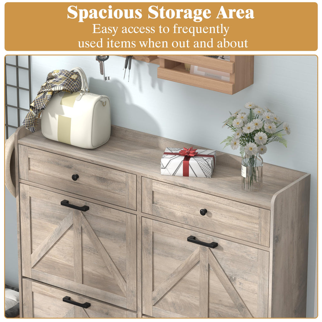 Shoe Cabinet with 4 Flip Drawers & 2 Storage Drawers, Rustic Farmhouse Narrow Shoe Organizer Cabinet, Slim Shoe Rack