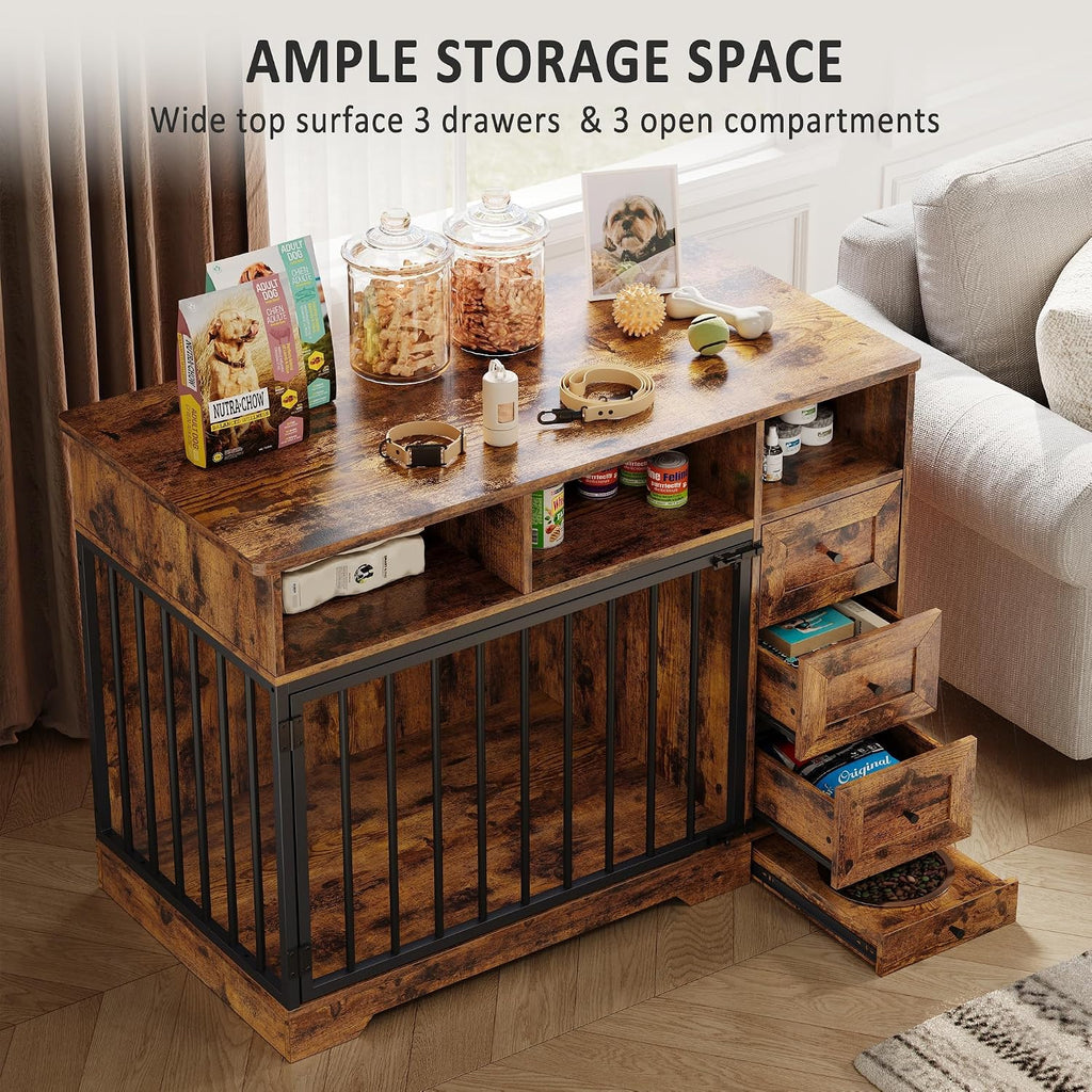Dog Crate Furniture with Bowl, Medium Dog Cage, Retro Brown