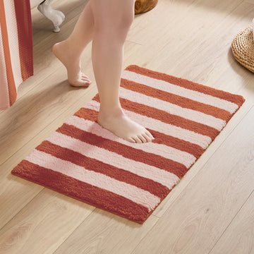 Bath Mat with Striped Design, Soft Absorbent Non-Slip Polyester Rug Floor, Shower or Kitchen (20x32 inch, Blush)