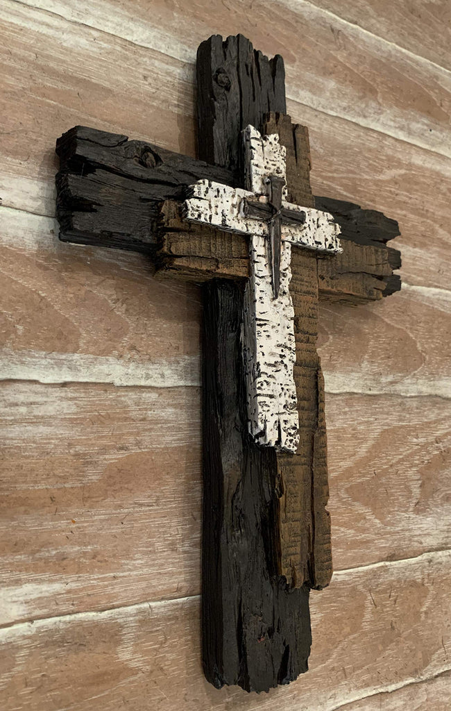Decorative Wall Cross - Rustic Multi Layered Weathered Wood Look Spiritual Art Sculpture