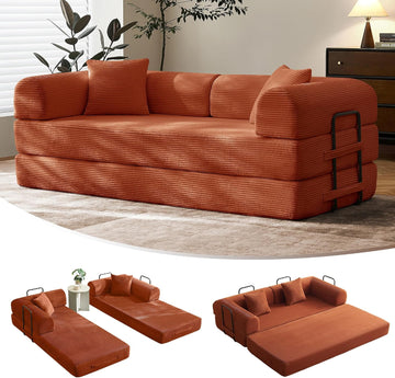 79" Convertible Futon Sofa Bed, Boneless Couch | Orange | Folding Corduroy Boneless Sleeper Sofa, Modular Futon Couch