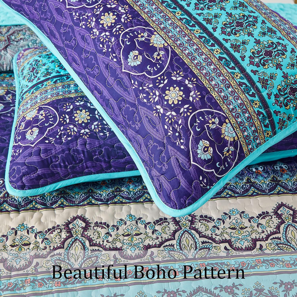 Boho Queen Quilt Set, Blue Bohemian Queen Quilt Bedding Set, Lightweight Microfiber Bed Decor Bedspread for All
