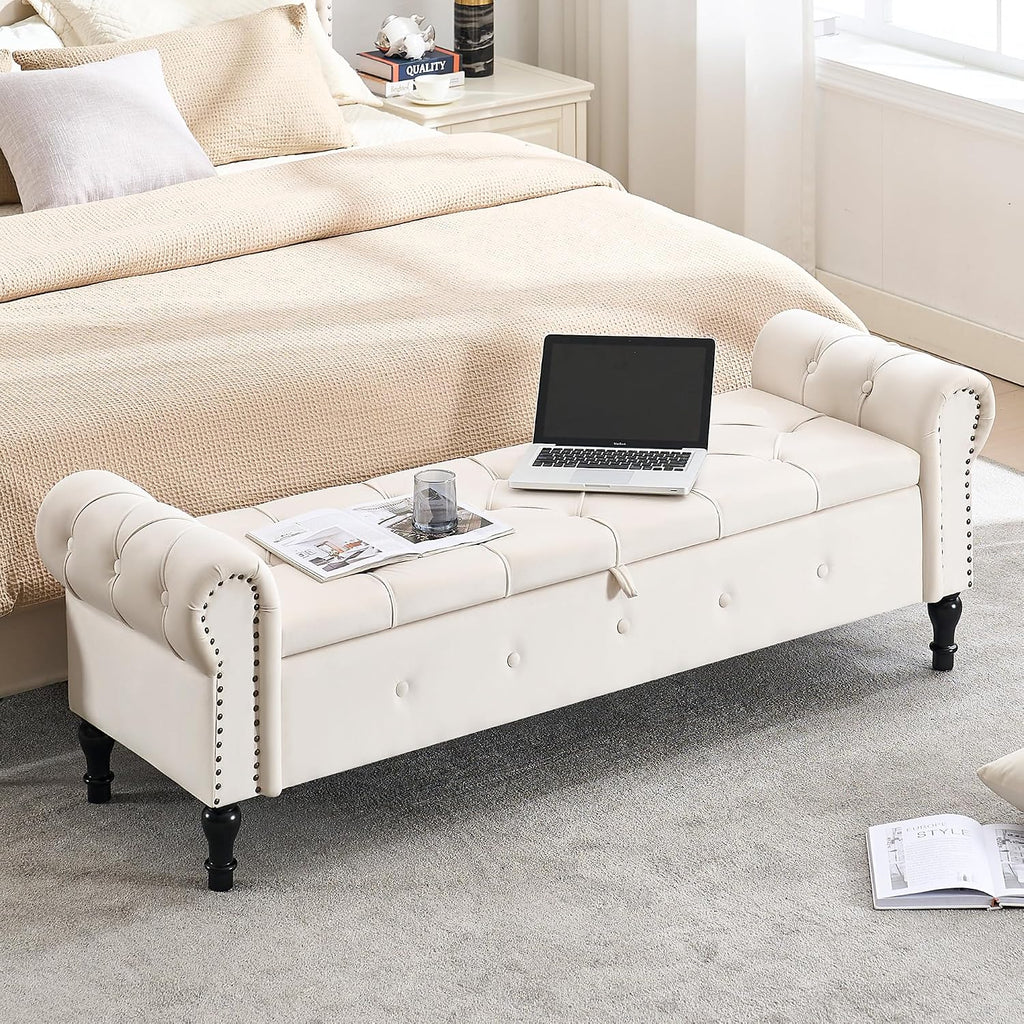 Storage Bench 67" Velvet End of Bed Benches Cream Beige | King Size Storage Bench with Rolled Arms Tufted Ottoman