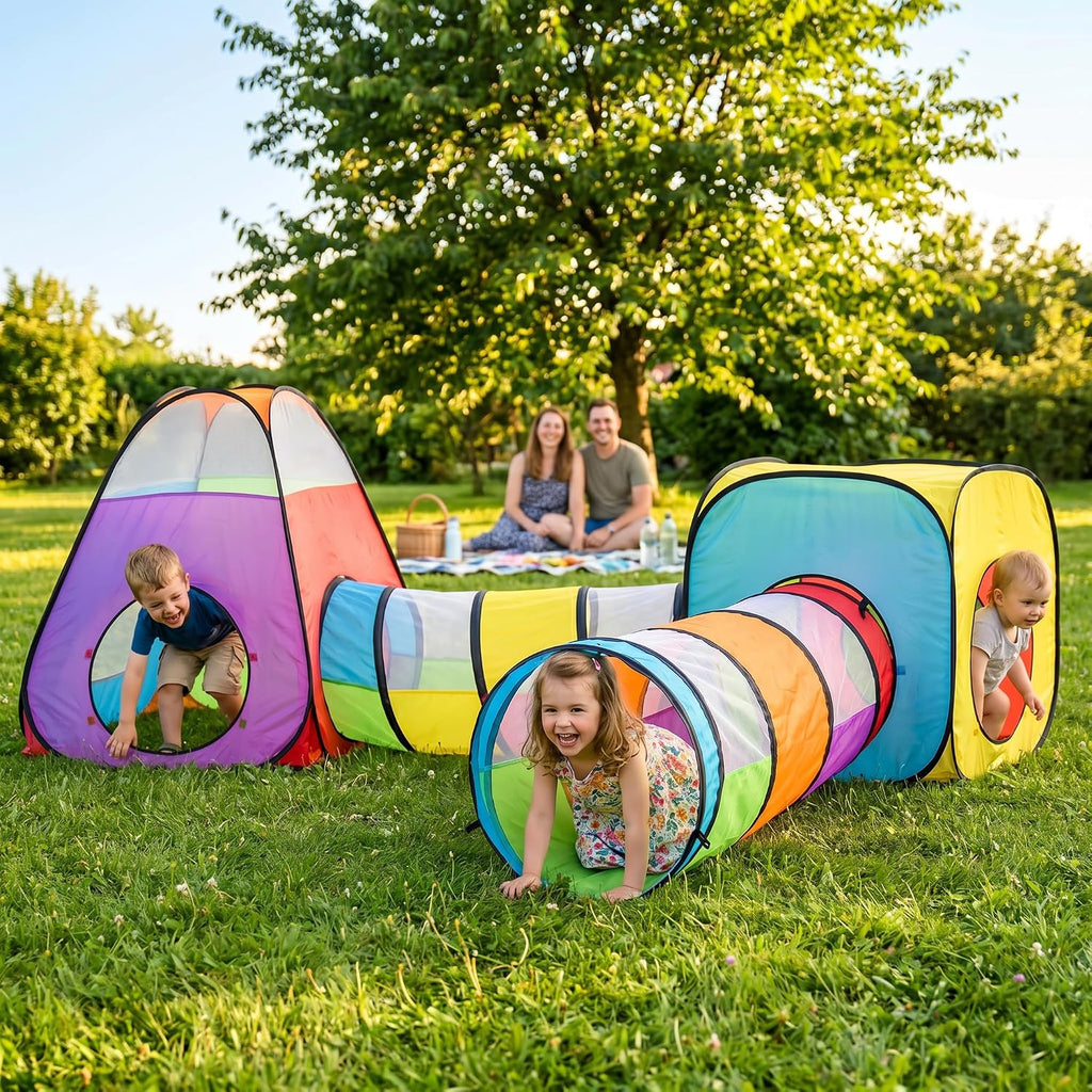 4pc Pop Up Children Play Tent : 2 Crawl Tunnel + 2 Tents : Kids Tents for Boys, Girls, Babies & Toddlers for Indoor &