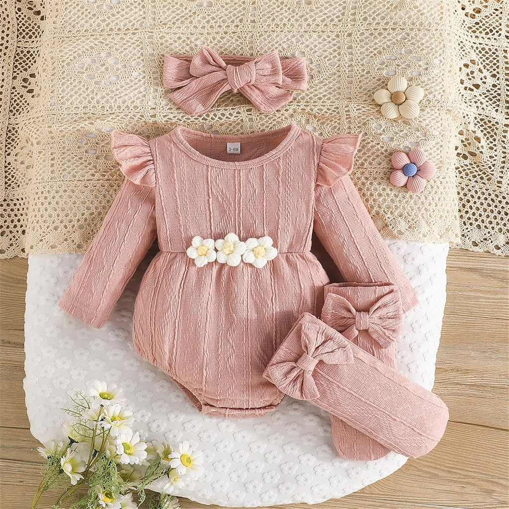 Newborn Infant Baby Girl Cotton Baby Romper Knitted 3d Flower Clothes Long Sleeve Warm Sweater Outfit With Socks