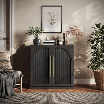 32.5" Kitchen Storage Cabinet with Adjustable Shelves, Freestanding Accent Cabinet with Fluted Arched Design & Gold