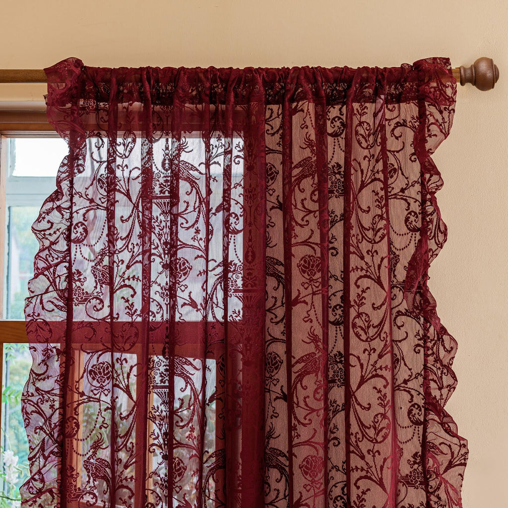 Burgundy Kitchen Curtains 45 Inch Length - Chic Short Lace Sheer Cafe Curtains for Window Over Sink, Light Filtering
