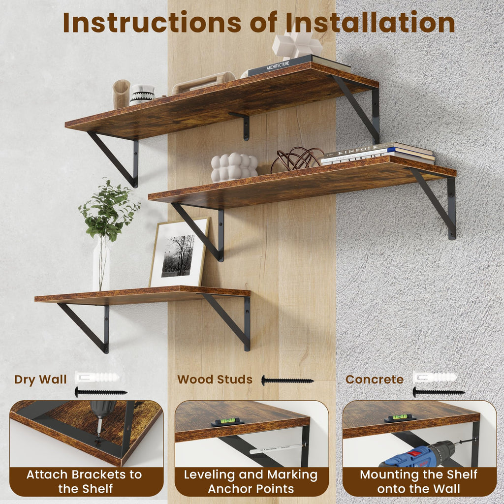 8" Deep Floating Shelves for Wall, 16 inch Wood Wall Shelves Set of 2, Wide Floating Bookshelf with Sturdy Metal