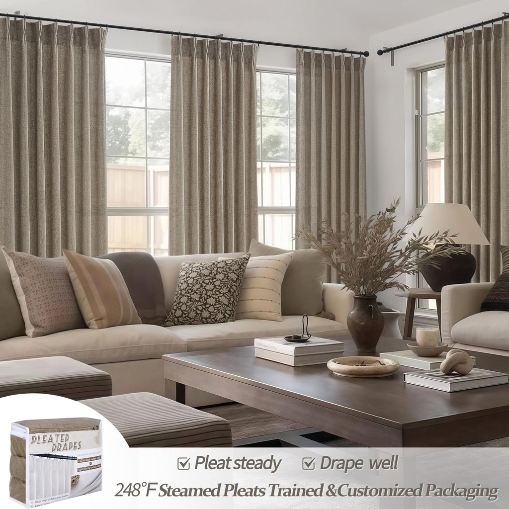 Extra Short 45 Inch Dark Flax Light Filtering Kitchen Curtains 2 Panels Set, Memory Trained Pinch Pleated Farmhouse