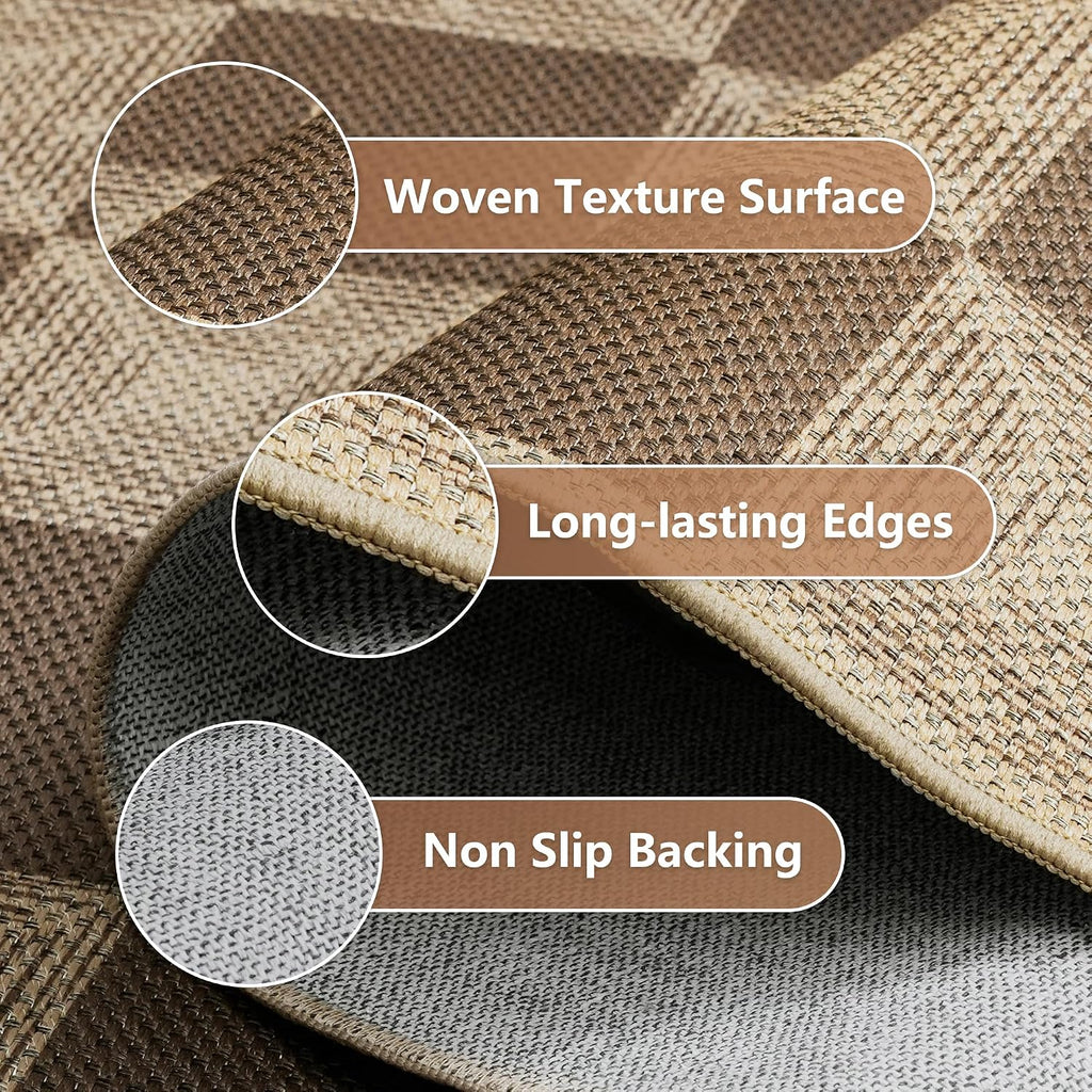 5x7 Checkered Easy Jute Rug - Washable Non-Slip Indoor Outdoor Carpet, Brown Textured Diamond Pattern, Neutral Area