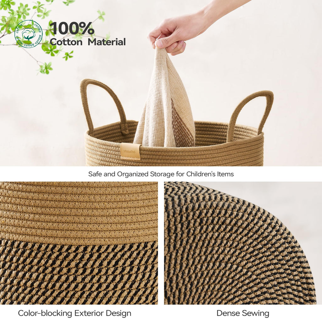 Tall Laundry Basket Hamper 95L, Cotton Rope Storage Hamper with Reinforced Handles, Decorative Blanket & Toy Basket