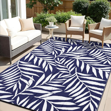 Waterproof Outdoor Rug 9x12 ft, Reversible Outdoor Plastic Straw Rug with Leaf Pattern, RV Mat, Indo