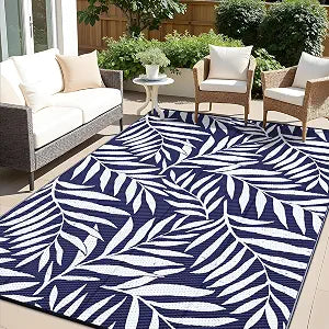 Outdoor Rug 9x12 ft Waterproof Reversible Leaf Mat, Navy & White