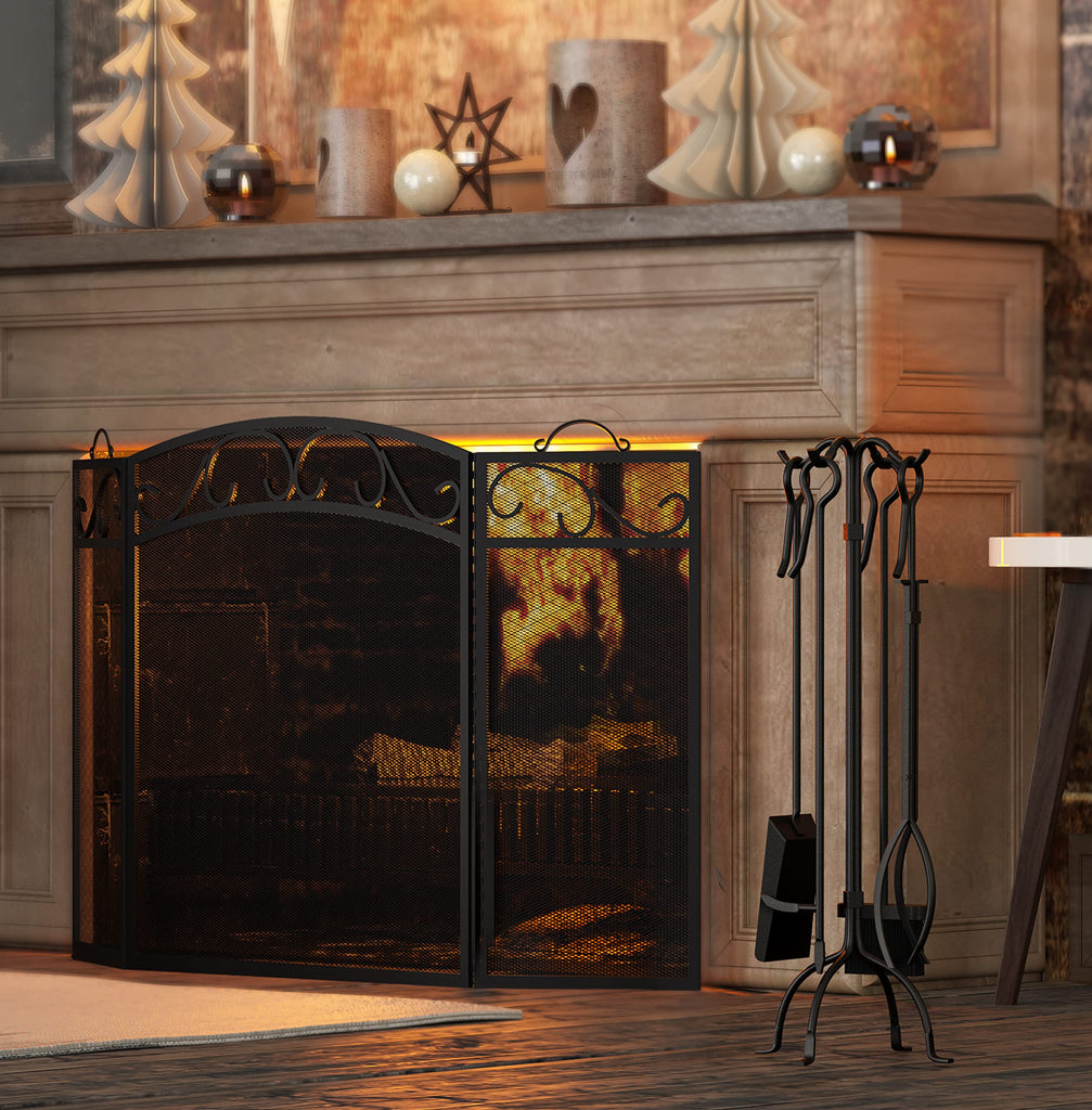 3 Panel Wrought Iron Fireplace Screen, Black Spark Guard