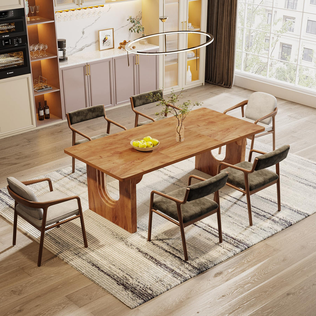 Modern Dining Table for 6 to 8 People, 71" Large Kitchen Dining Table with Wood Pedestal Base, Rectangular Long