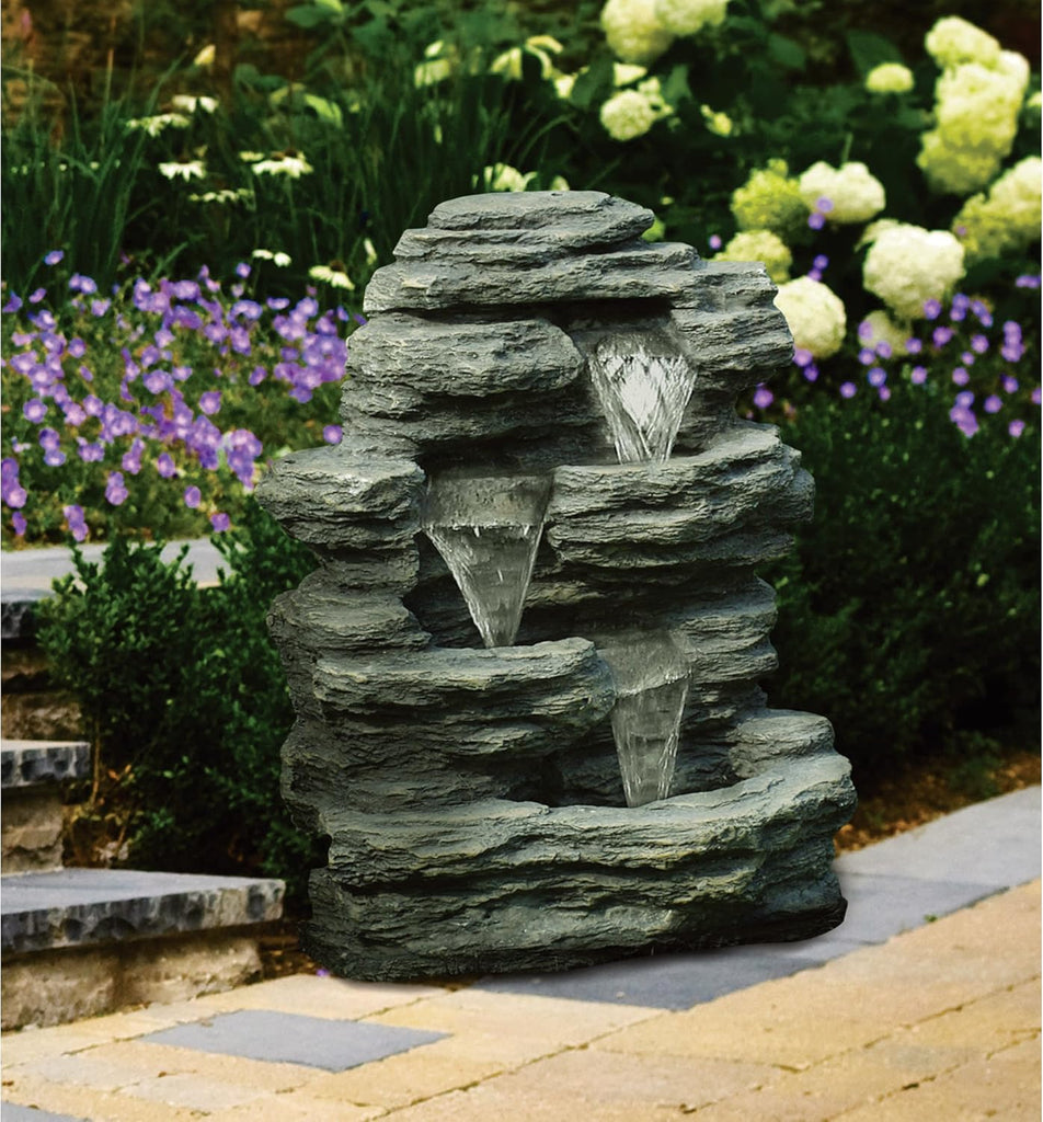 Outdoor Water Fountain With Cascading Waterfall, Natural Looking Stone and Soothing Sound for Decor on By,Brown