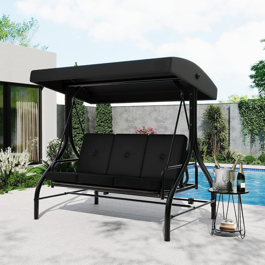 3 Seater Outdoor Porch Swing with Stand for Adults, 2-in-1 Convertible Design Patio Swing, Thick Soft Cushion &