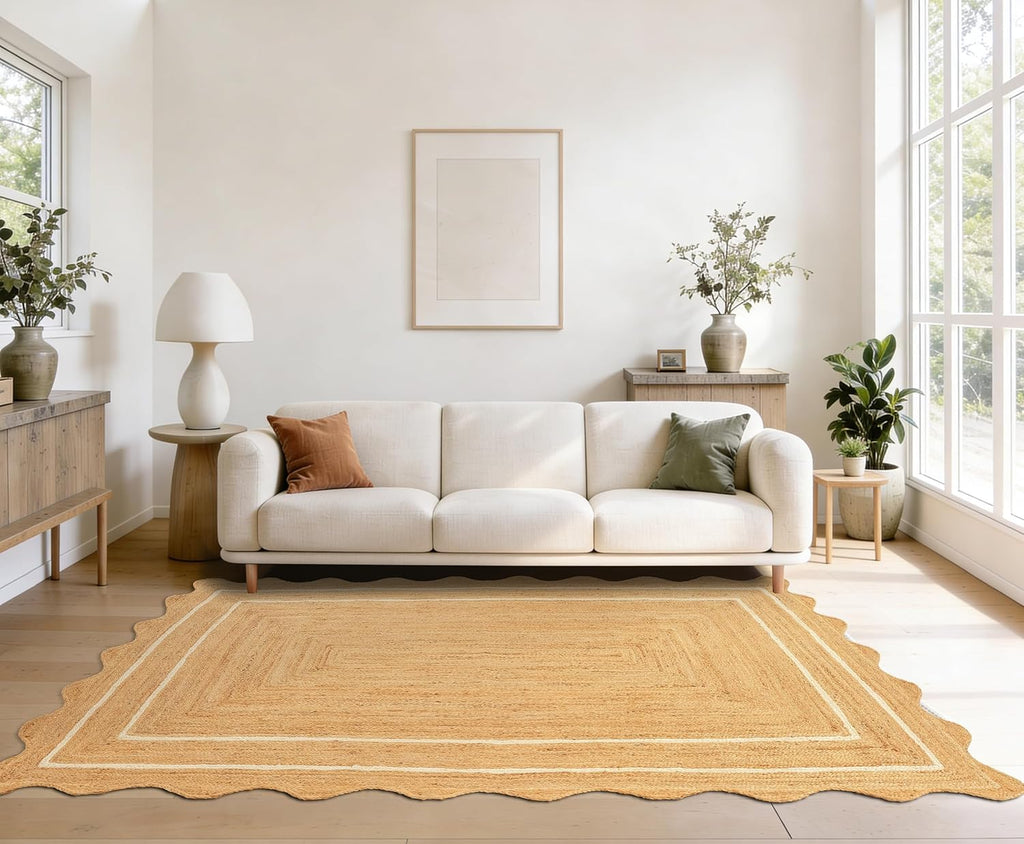 Jute Area Rug 9'x12' ft Wave Scalloped Natural Ivory Border Handwoven Boho Reversible Rustic Vintage Farmhouse Soft