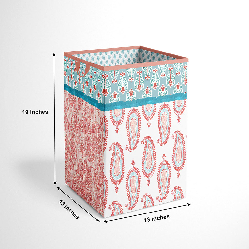 Paisley Kids Storage (Collapsible Hamper 14 x 14 x 19 inches, Coral/Aqua)