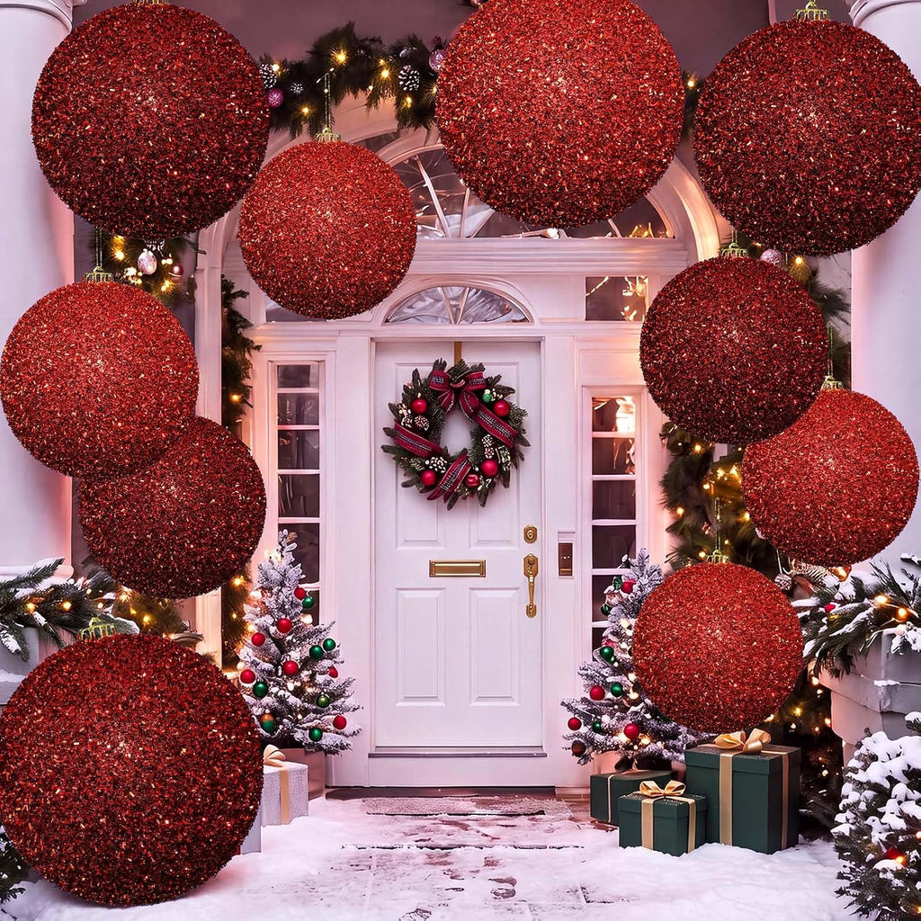 8pcs 6" Large Christmas Balls Tree Ornament, Red Burgundy, Glitter